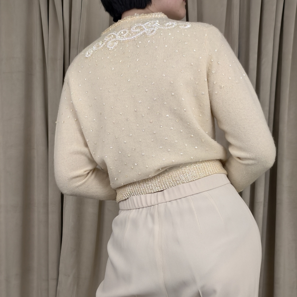 Vintage Wool and Rabbit Hair Cream Cardigan with Sequins Embellishments - Picture 4 of 8